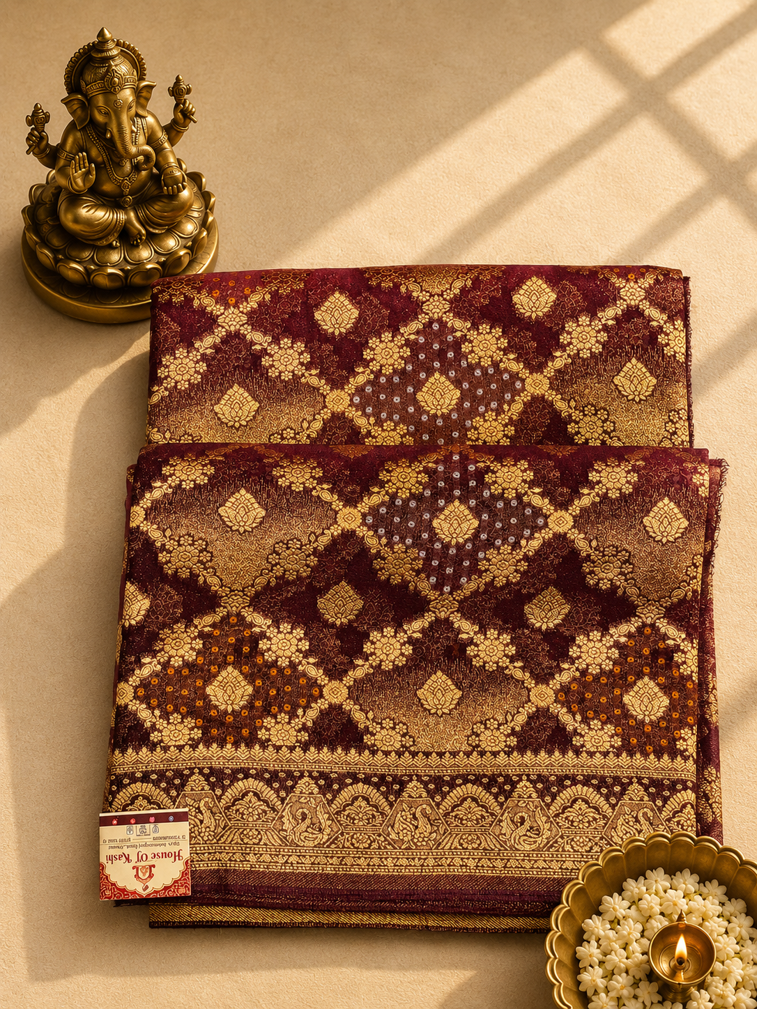 Royal Wine Khaddi Georgette Bandhej Banarasi Saree with Gold Zari Weaving