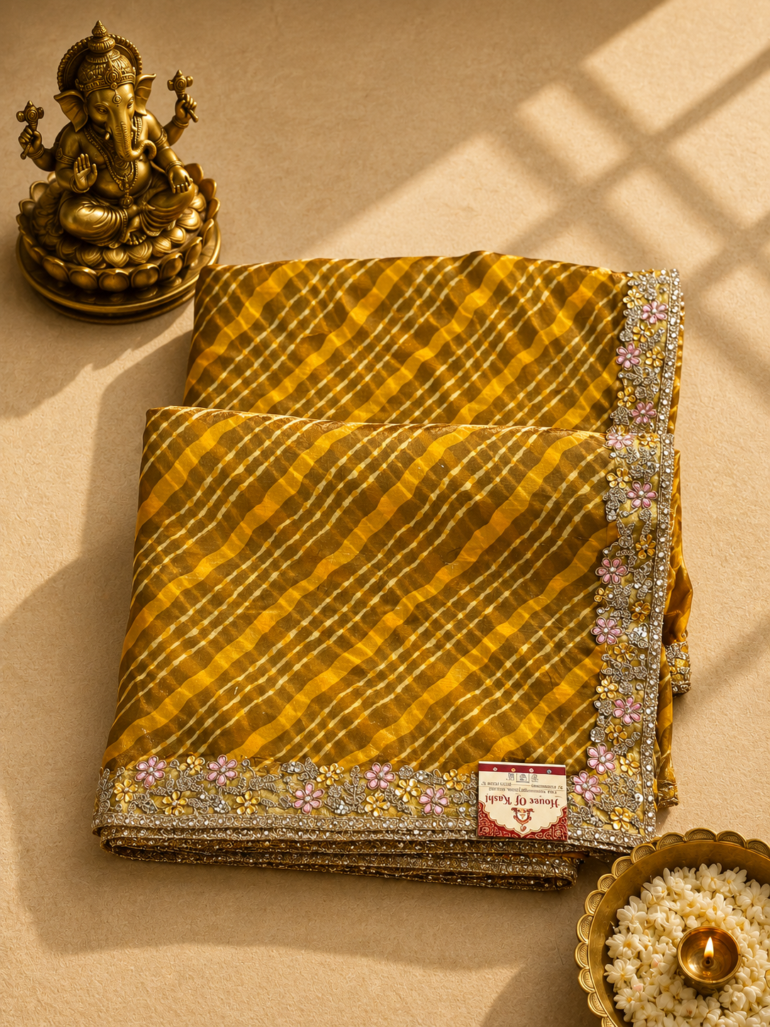 Mustard Gold Designer Saree with Floral Embellished Border