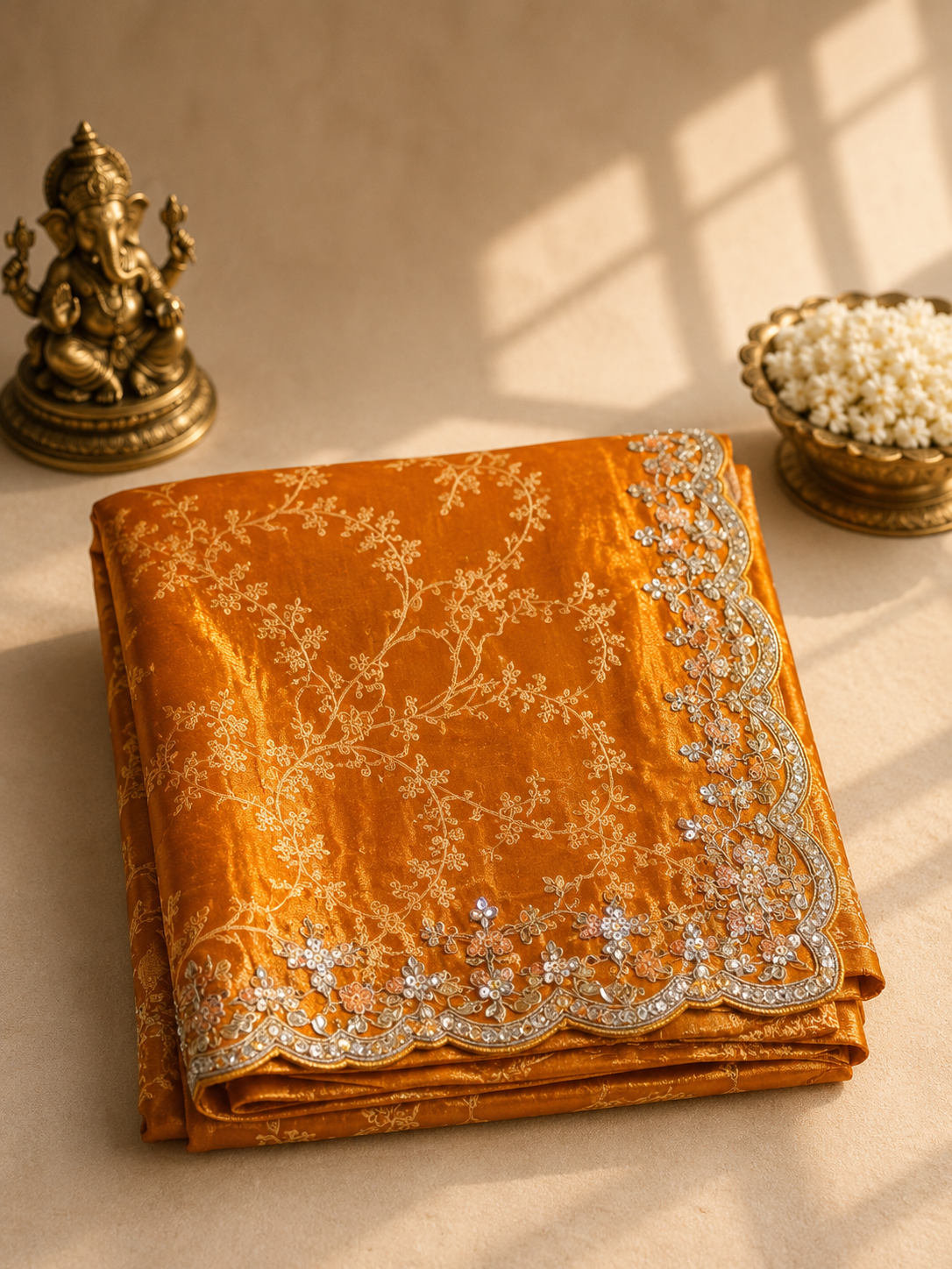 Orange Designer Satin Silk Saree with Embellished Border