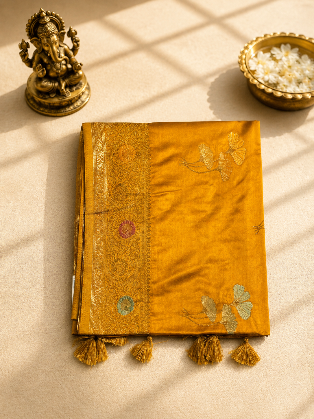 Mushroo Satin Banarasi Saree – Antique Golden Mustard