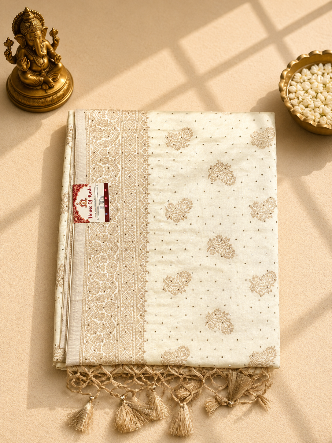 Ivory Siroski Mushroo Satin Saree with Golden Zari Woven Border