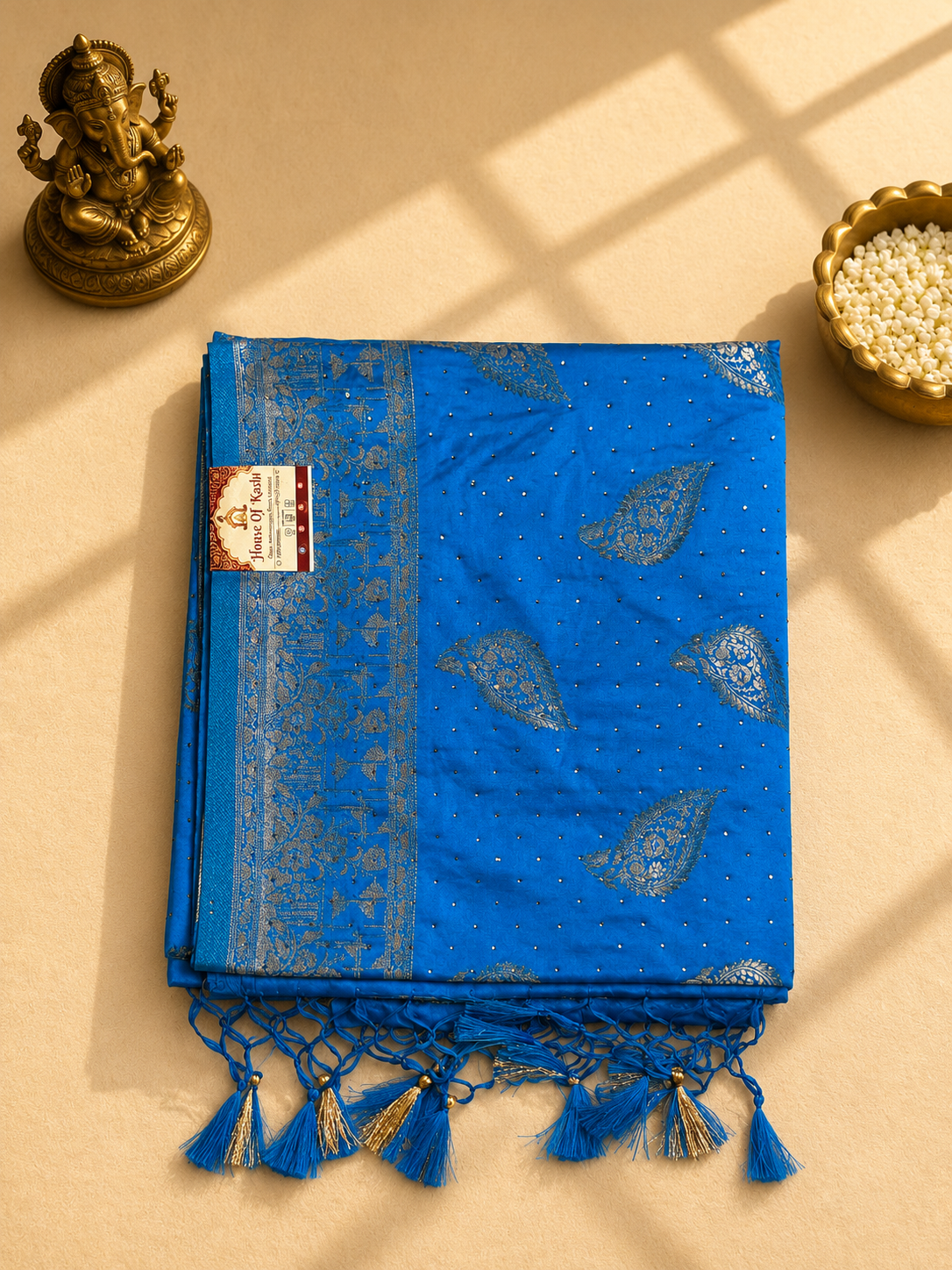 Royal Blue Siroski Mushroo Satin Saree with Silver Zari Floral Weaving