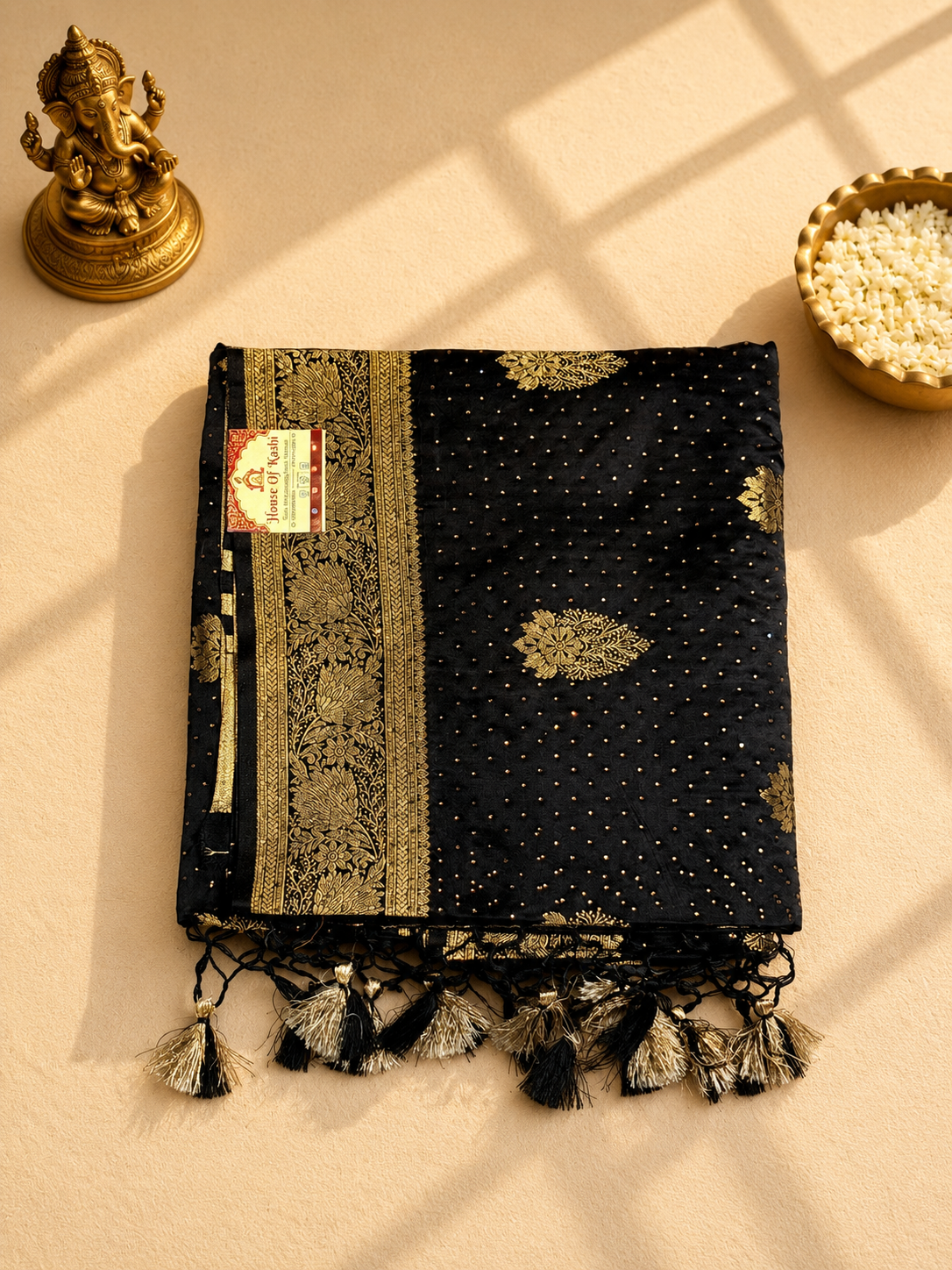 Black Siroski Mushroo Satin Saree with Golden Zari Floral Weaving