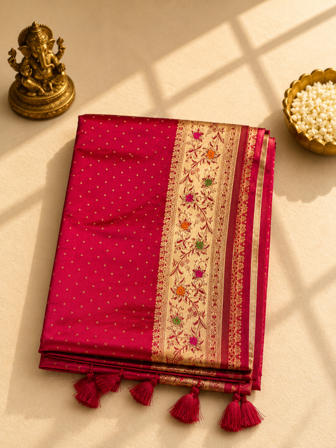 Magenta Mushroo Satin Saree with Golden Zari & Meenakari Floral Woven Border
