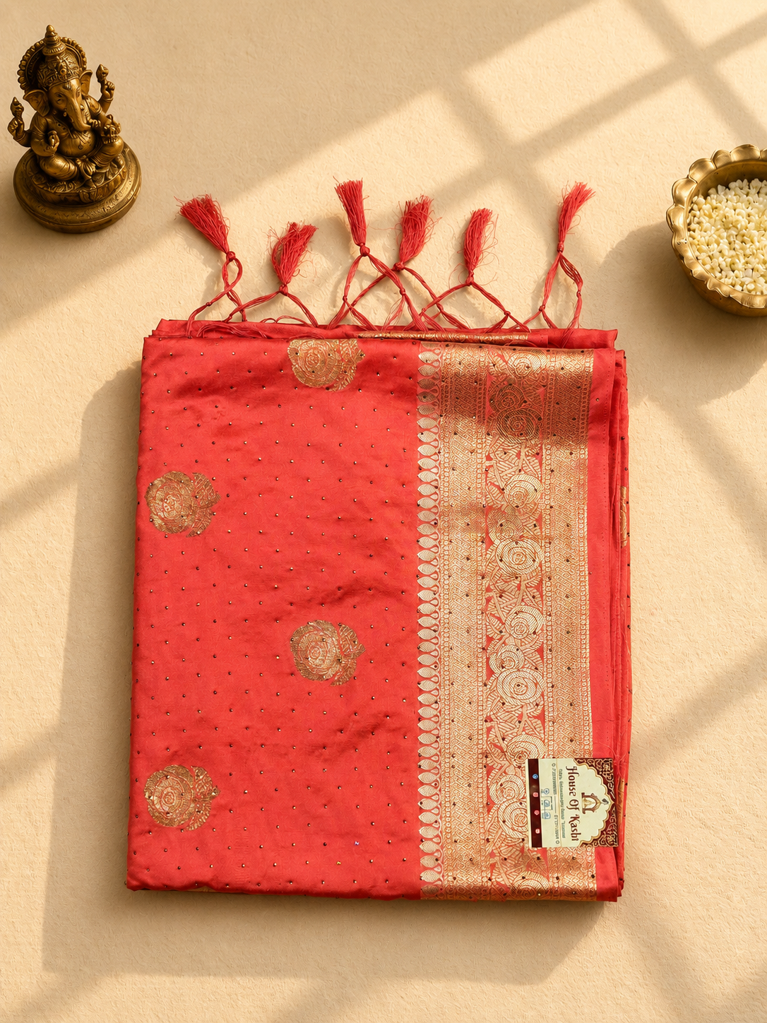 Firozi Siroski Mushroo Satin Saree with Elegant Stone Work & Rich Zari Border