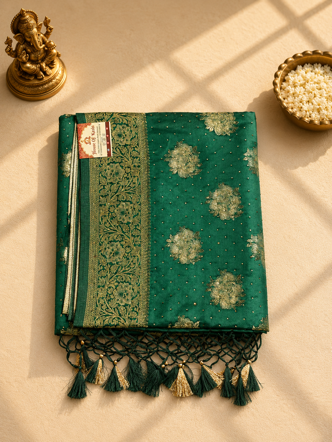 Emerald Green Siroski Mushroo Satin Saree with Golden Zari Floral Weaving