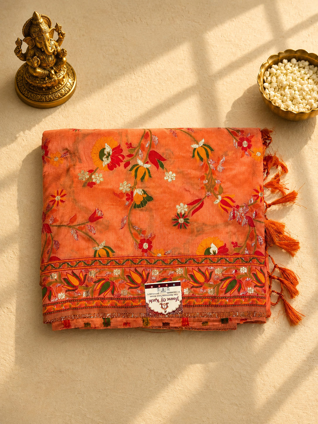Peach Mina Jaal Saree with Multicolor Floral Woven Border & Rich Designer Pallu
