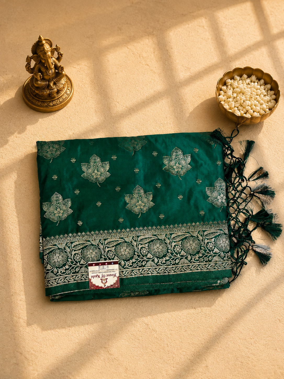Green Siroski Mushroo Satin Saree with Silver Zari Weaving