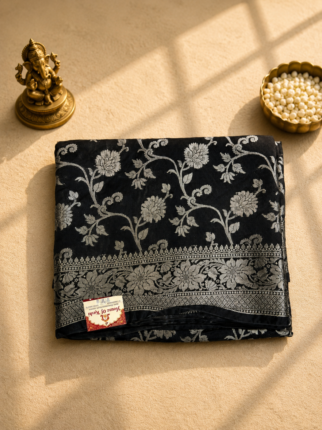 Black Viscose Banarasi Saree with Silver Zari Floral Weaving