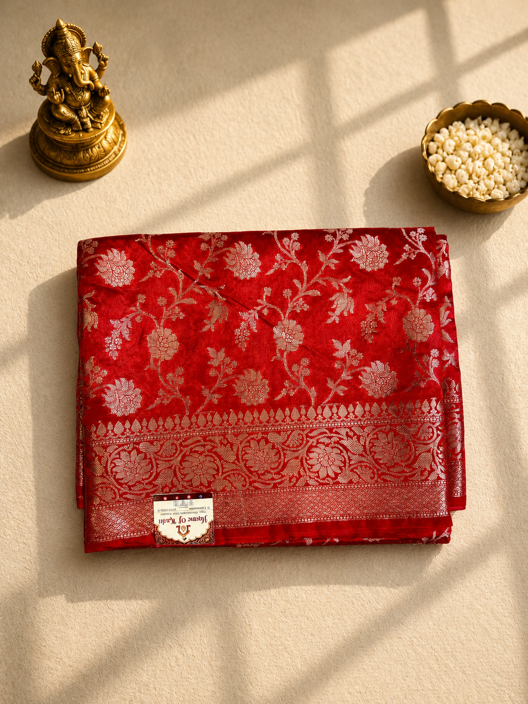 Red Viscose Banarasi Saree with Silver Zari Floral Weaving & Rich Woven Border