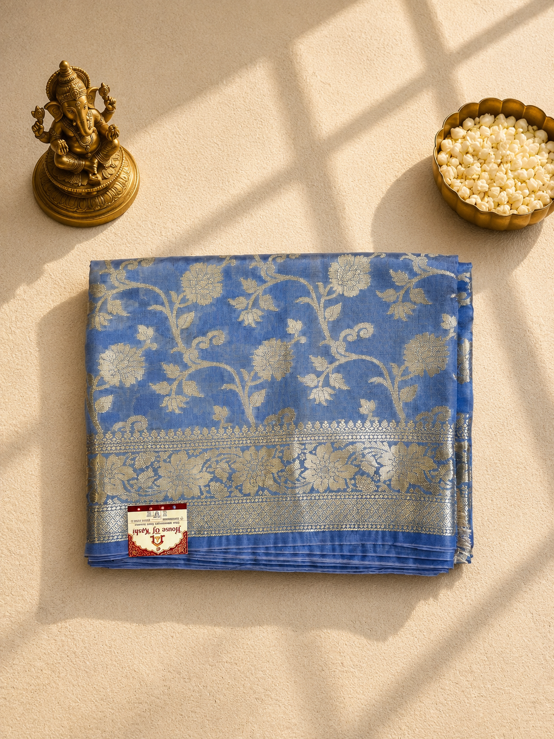 Sky Blue Viscose Banarasi Saree with Silver Zari Floral Weaving & Rich Woven Border