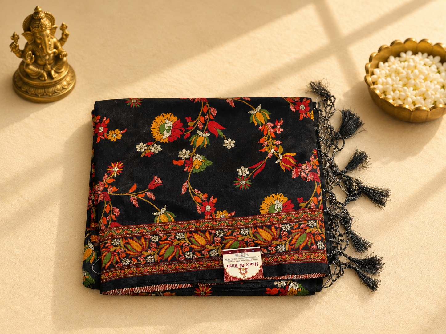 Premium Black Mina Jaal Saree with Multicolour Floral Weaving