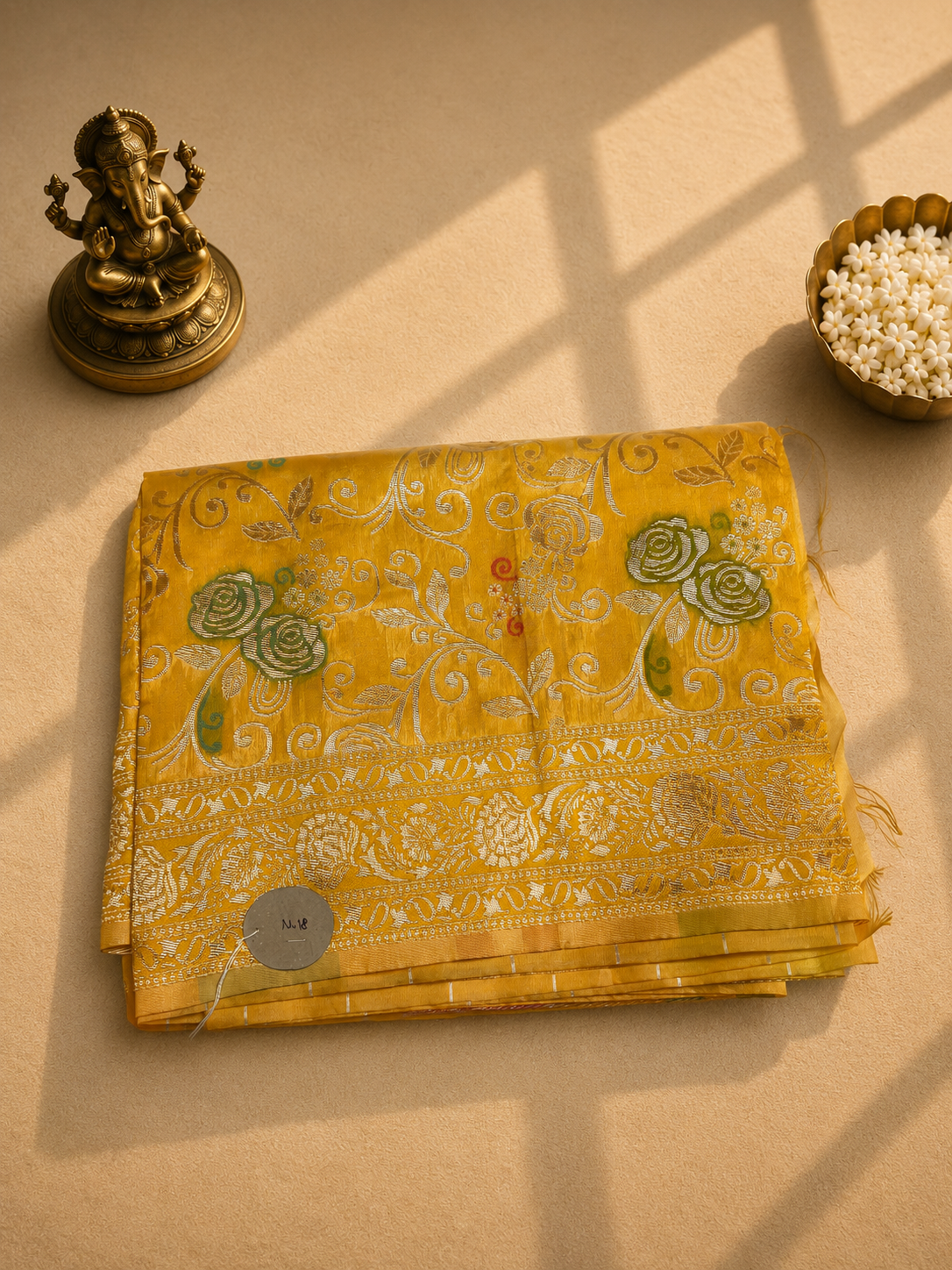Yellow Banarasi Saree with Multicolor Floral Zari Weaving & Rich Woven Border