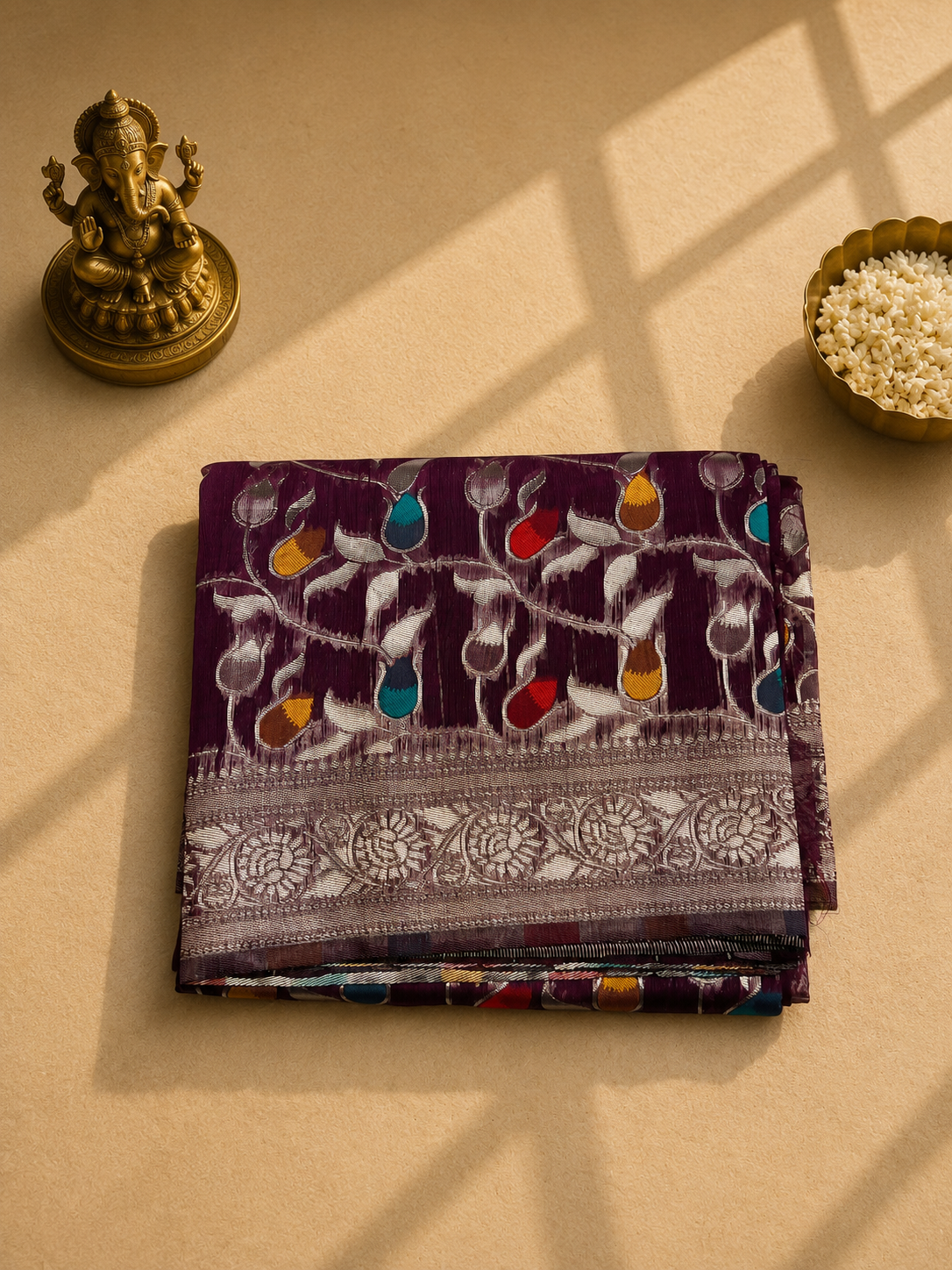 Royal Purple Banarasi Saree with Multicolor Floral Weaving & Rich Zari Border