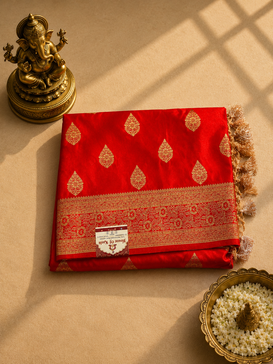 Classic Red Siroski Mushroo Banarasi Saree with Golden Zari Buta & Rich Woven Border