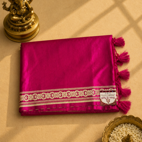 Rani Pink Banarasi Silk Saree with Golden Zari Border & Rich Designer Pallu