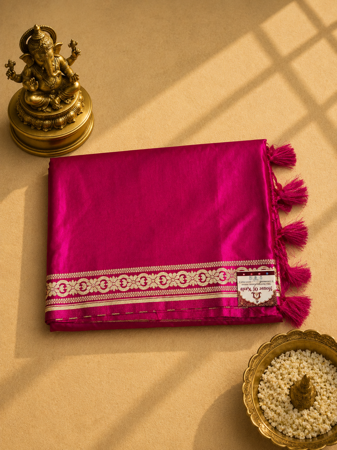 Rani Pink Banarasi Silk Saree with Golden Zari Border & Rich Designer Pallu