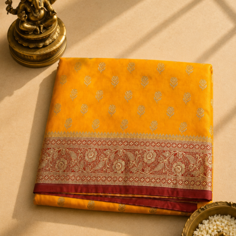Mustard Yellow Banarasi Silk Saree with Gold Zari Buti & Rich Red Border
