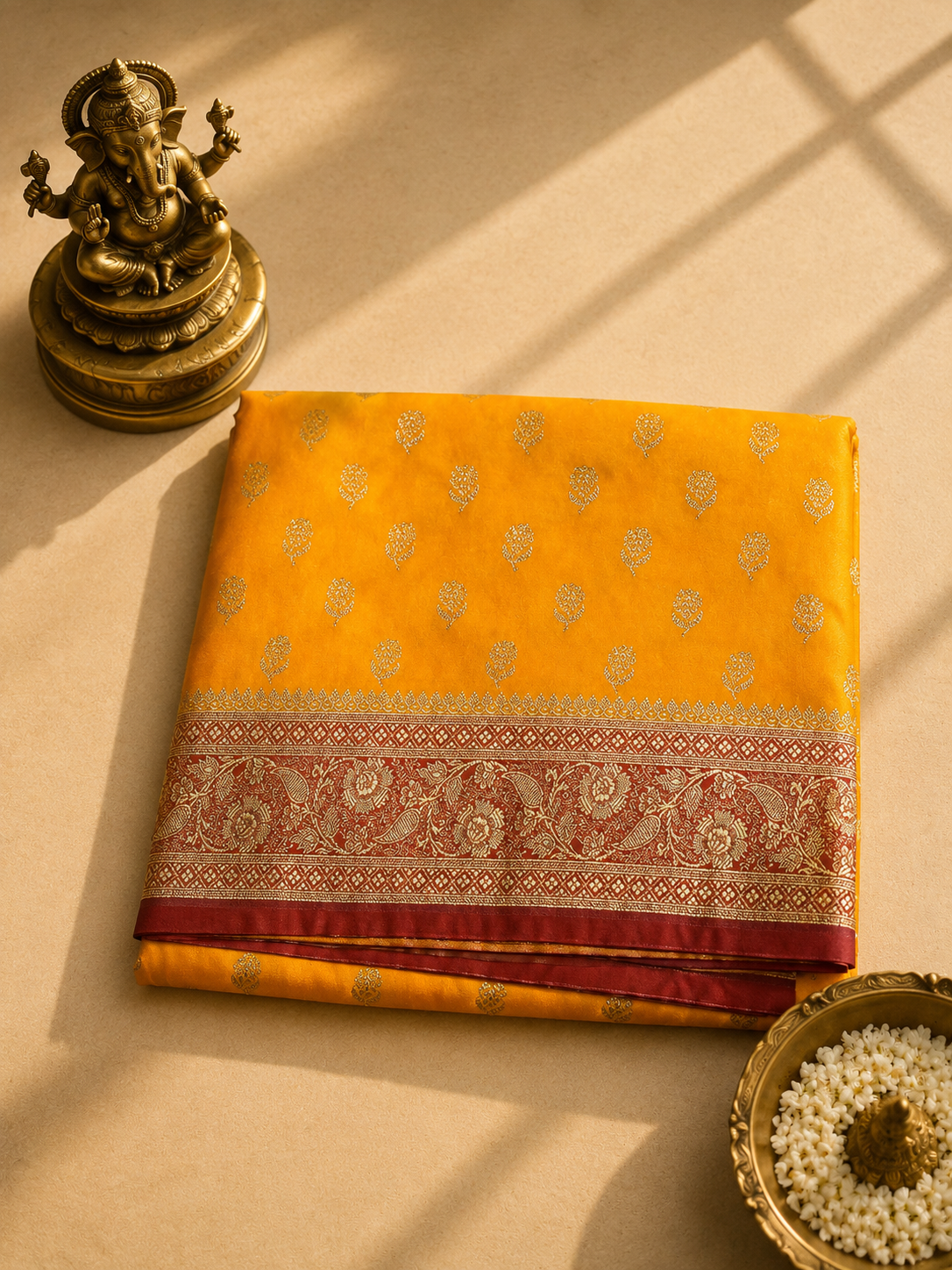 Mustard Yellow Banarasi Silk Saree with Gold Zari Buti & Rich Red Border