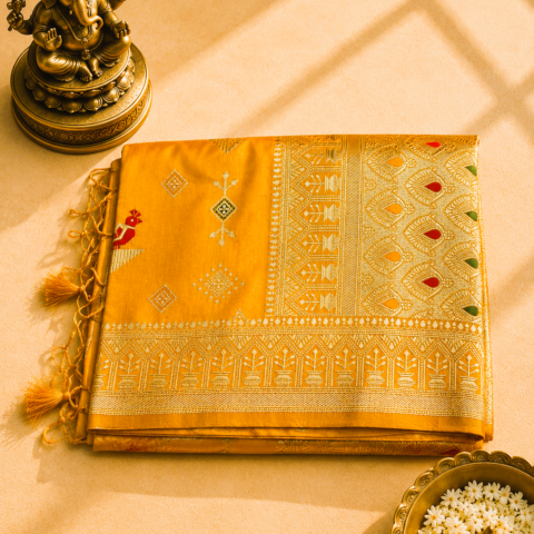 Sunshine Yellow Banarasi Silk Saree with Multicolour Meenakari & Rich Zari Border