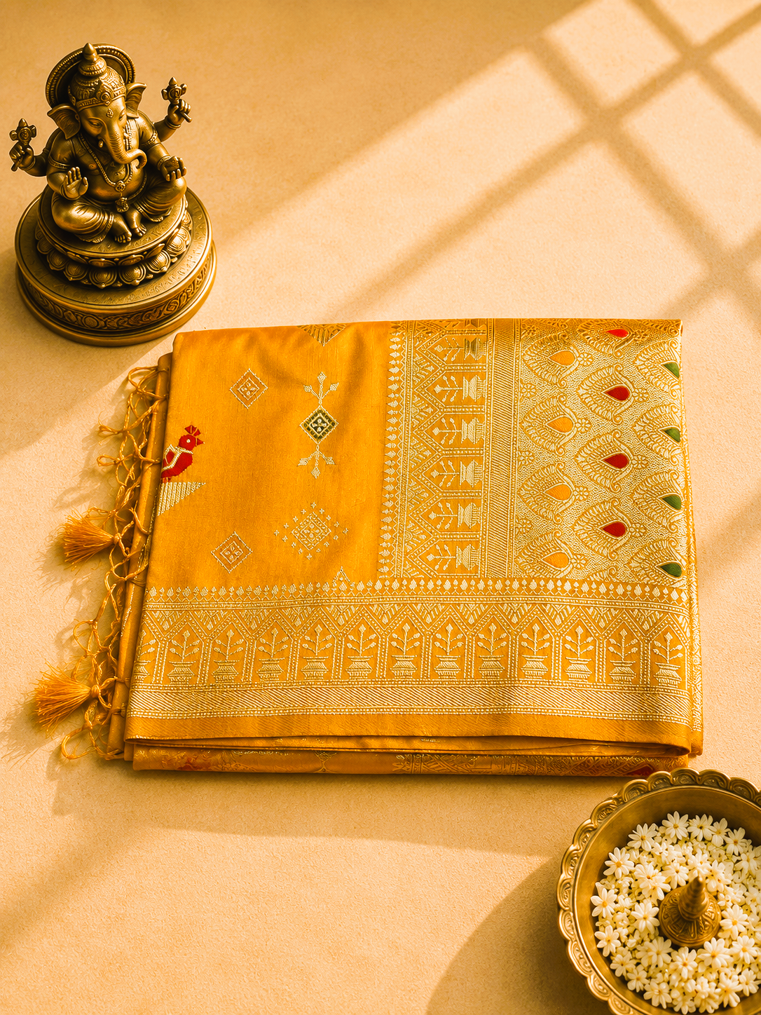 Sunshine Yellow Banarasi Silk Saree with Multicolour Meenakari & Rich Zari Border