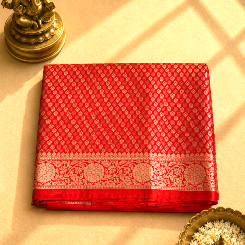 Rani Pink Banarasi Silk Saree with All-Over Gold Zari Buti & Rich Floral Border
