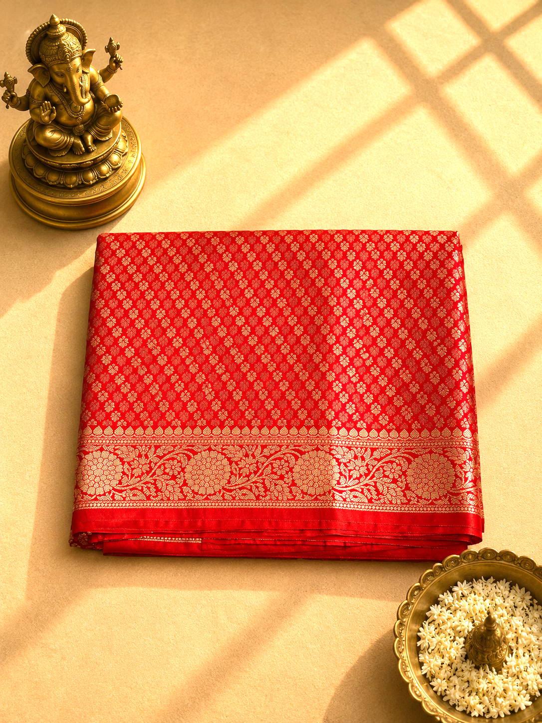 Rani Pink Banarasi Silk Saree with All-Over Gold Zari Buti & Rich Floral Border