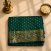 Green Viscose Banarasi Saree with Golden Zari Buti & Multicolor Floral Border
