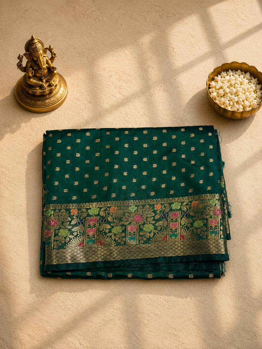 Green Viscose Banarasi Saree with Golden Zari Buti & Multicolor Floral Border