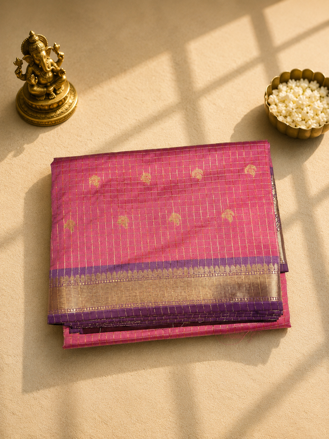 Pink & Purple Banarasi Saree with Golden Zari Checks and Rich Woven Border