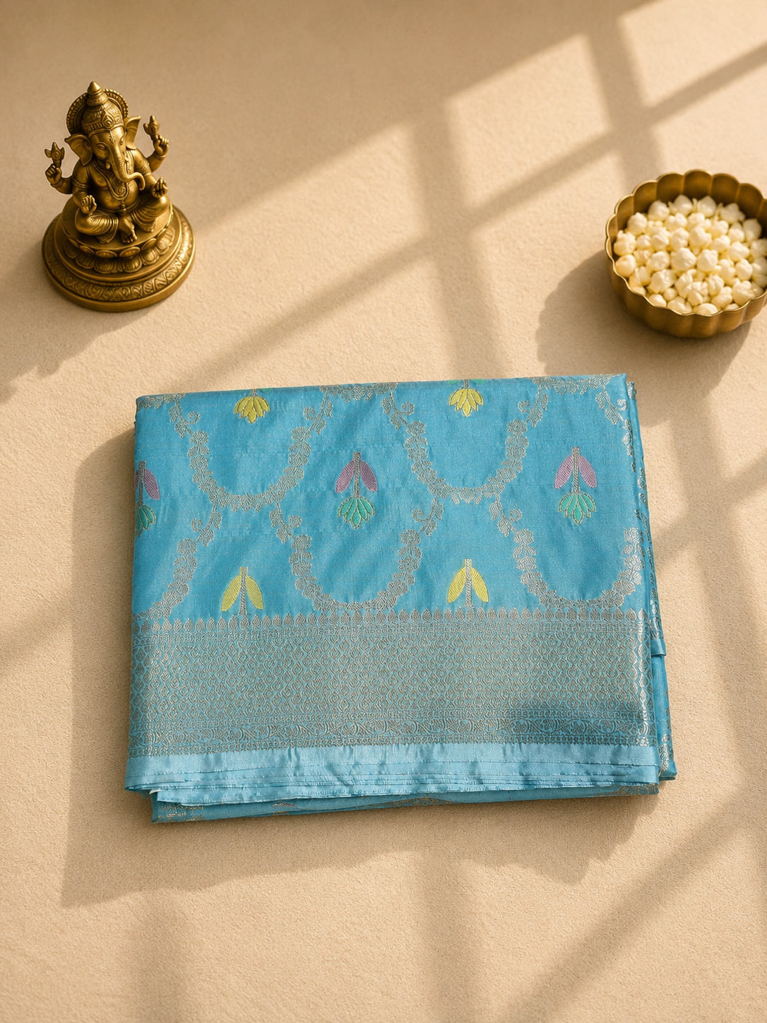 Sky Blue Banarasi Saree with Silver Zari Floral Weaving
