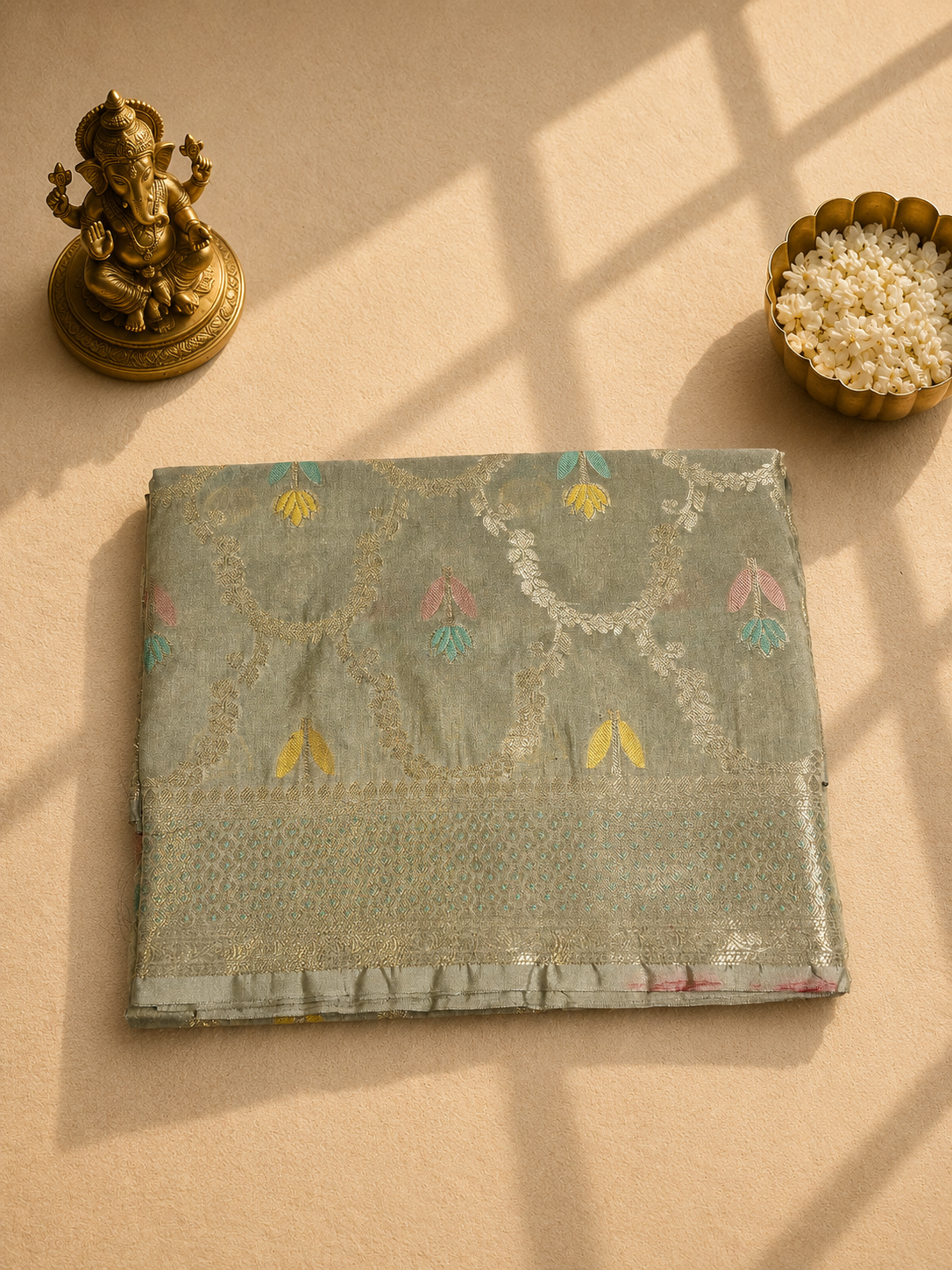 Silver Grey Banarasi Saree with Silver Zari Weaving & Multicolor Floral Butis