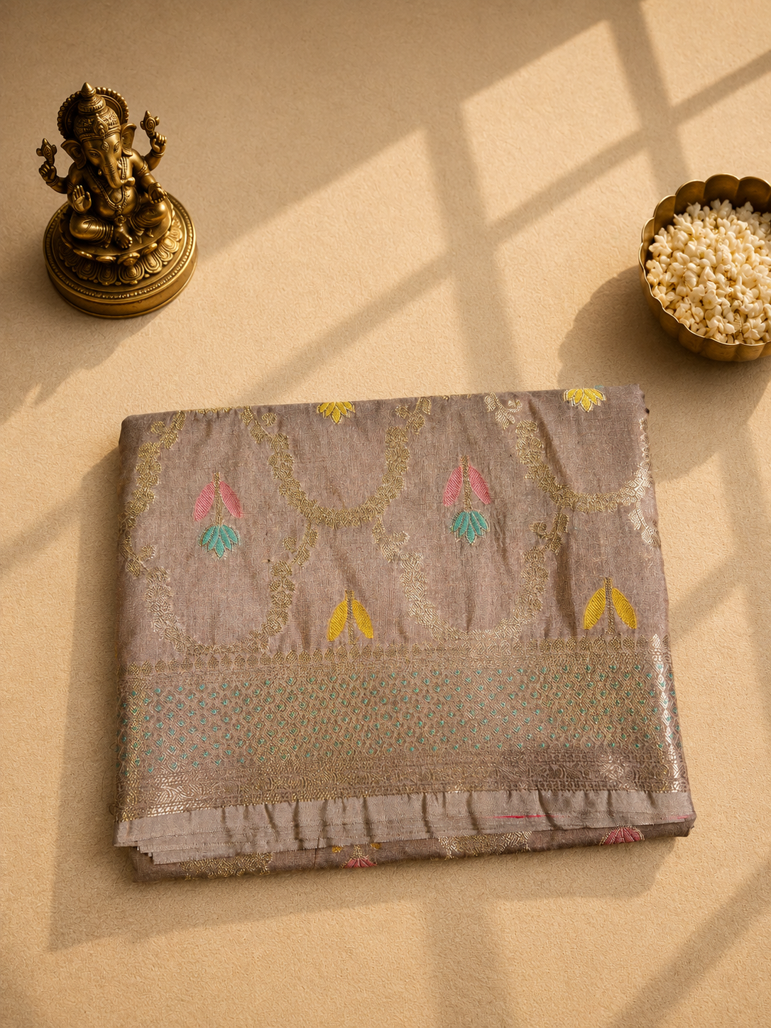 Taupe Grey Banarasi Saree with Silver Zari Weaving & Multicolor Floral Butis