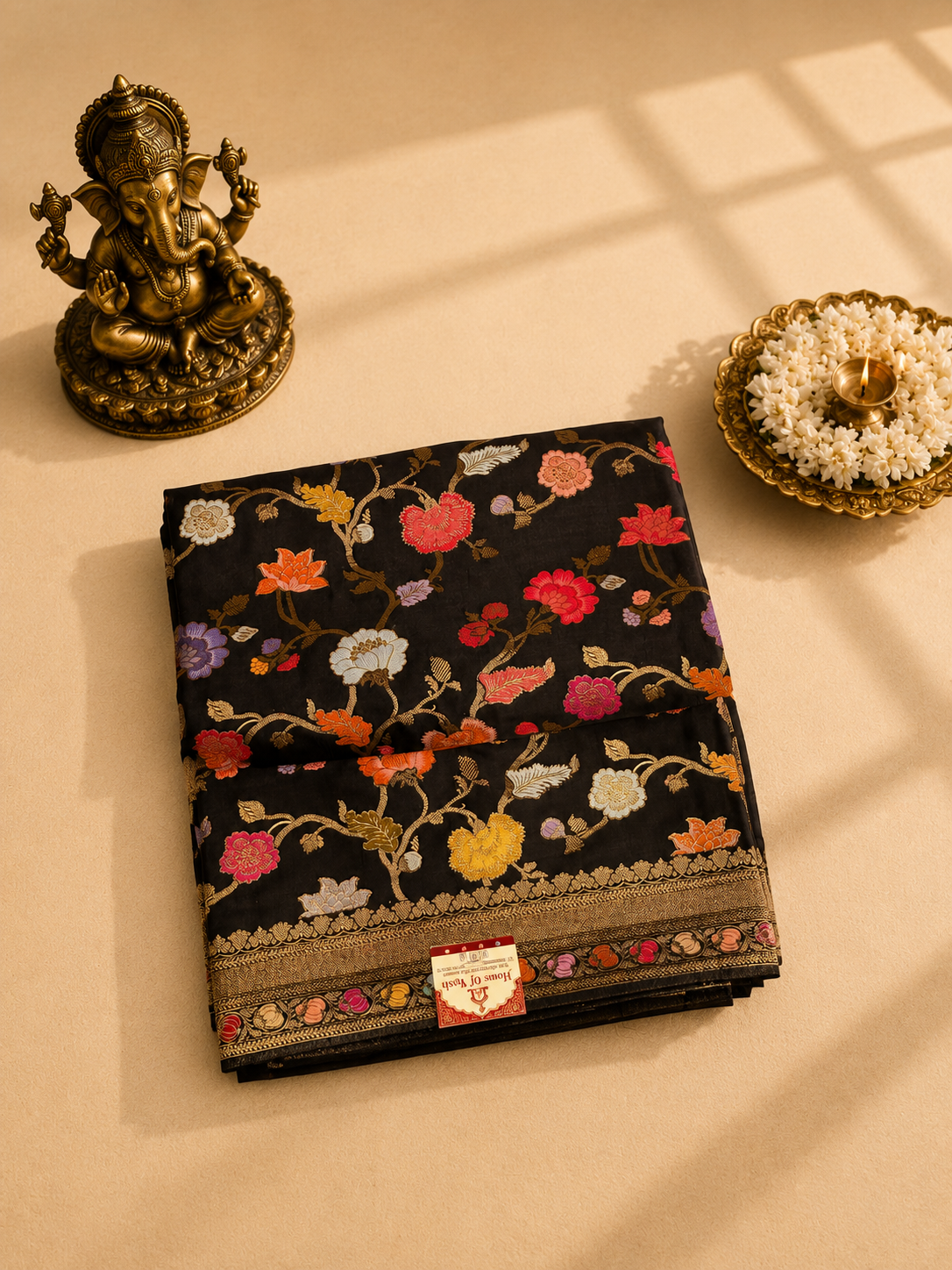 Black Floral Pashmina Saree with Multicolor Digital Print & Elegant Zari Border