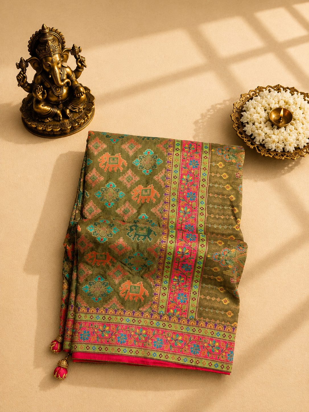 Green Color Floral Pashmina Saree