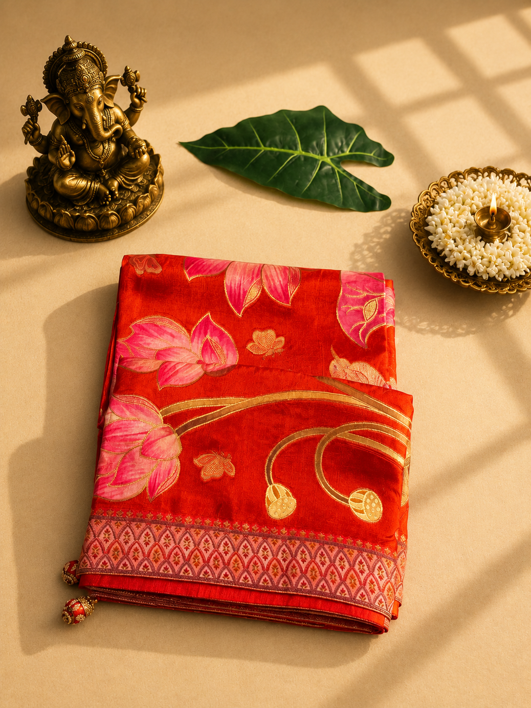 Rust Orange Floral Designer Silk Saree