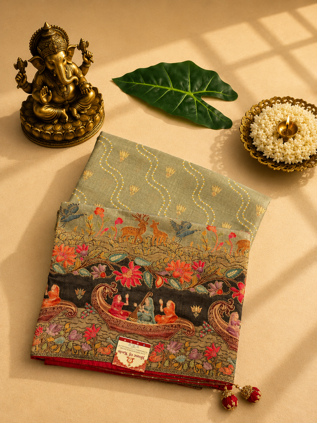 Premium Grey Pashmina Silk Saree with Floral & Paisley Woven Design