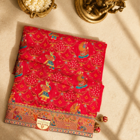 Premium Red Pashmina Print Saree with Traditional Kashmiri Motifs