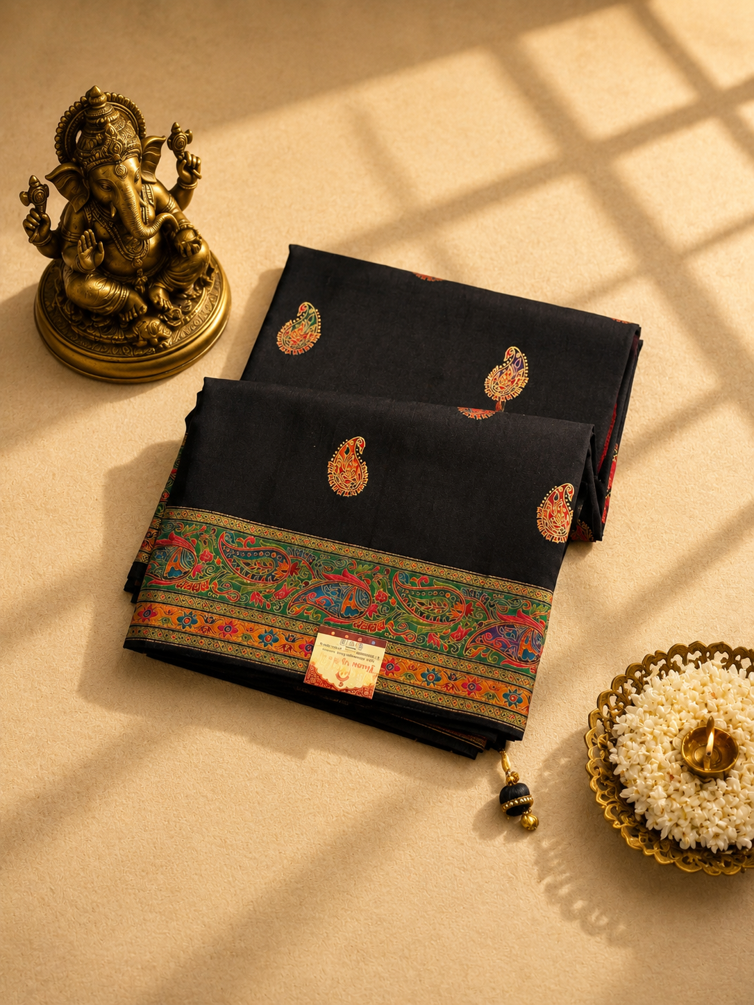 Black Pashmina Saree with Kashmiri Print & Elegant Woven Border