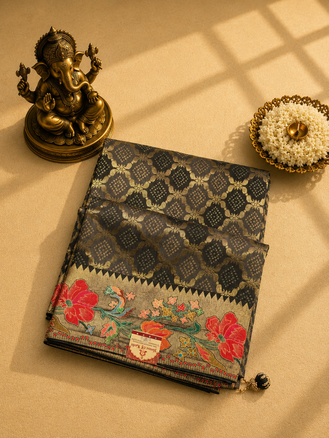 Black Pashmina Saree with Floral Print & Rich Golden Woven Border