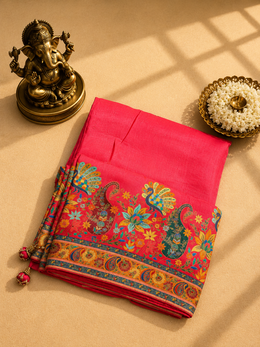 Rani Pink Pashmina Saree with Kashmiri Print & Traditional Paisley Border