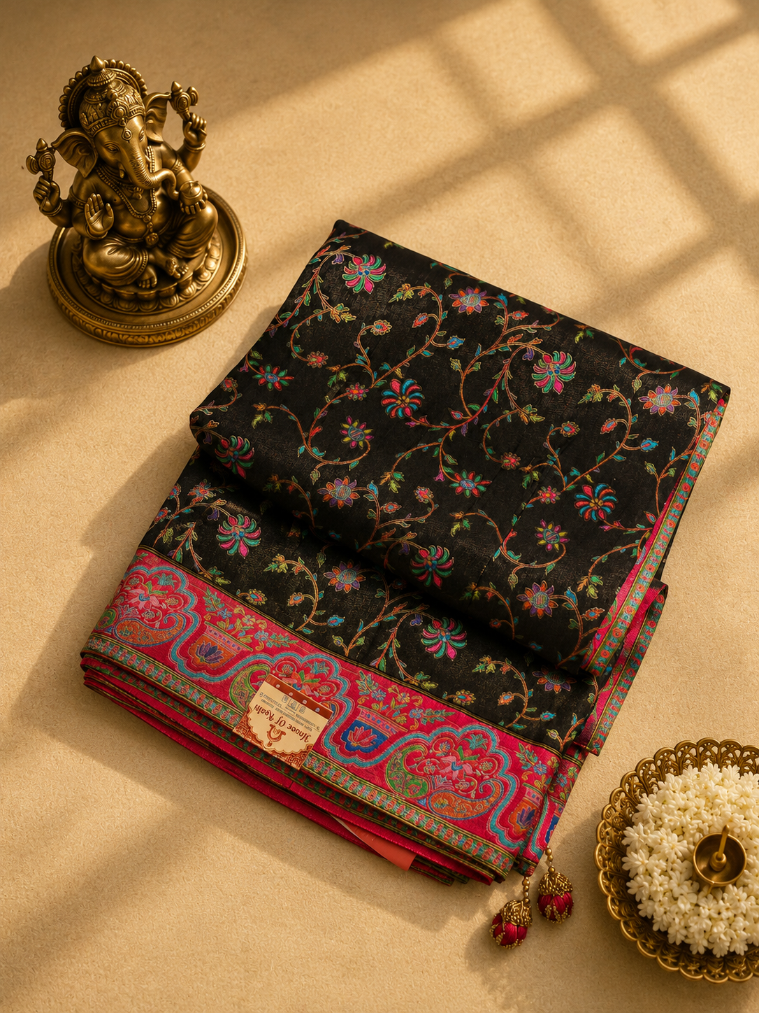 Black Pashmina Saree with Pink Kashmiri Print Border & Traditional Motifs