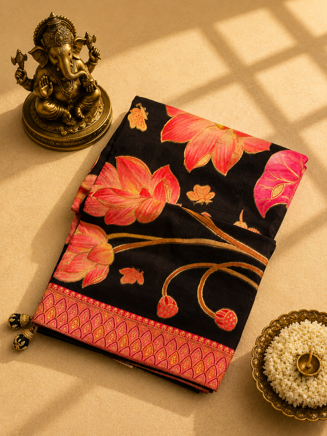 Black Pashmina Saree with Pink Floral Print