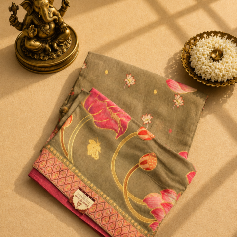 Olive Green Pashmina Saree with Lotus Print & Elegant Woven Border