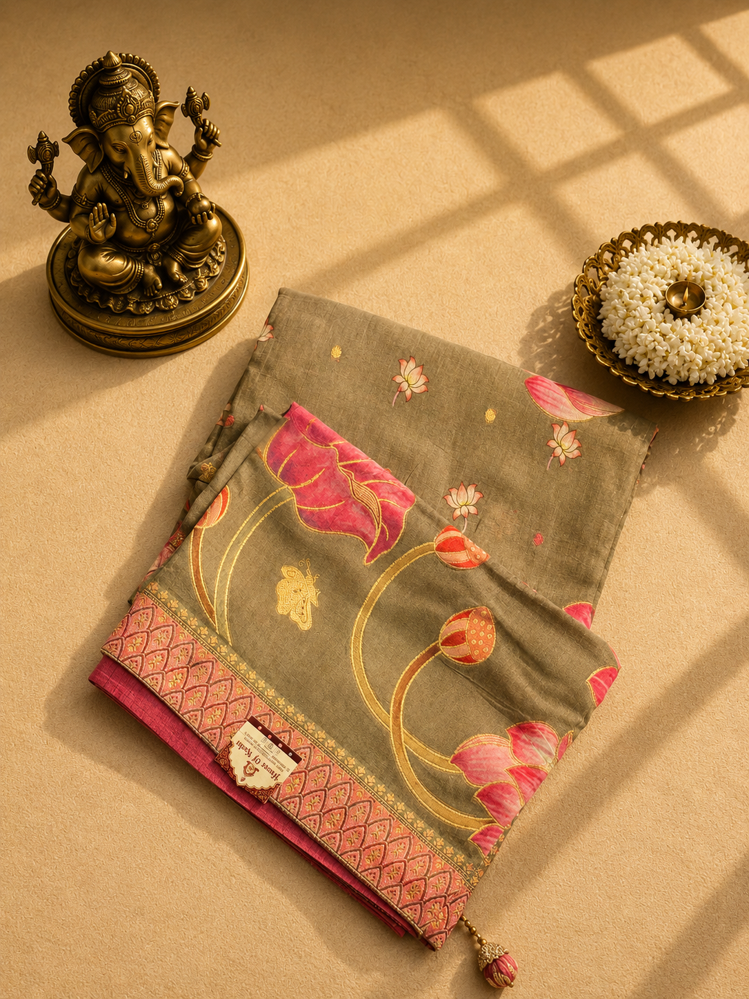 Olive Green Pashmina Saree with Lotus Print & Elegant Woven Border