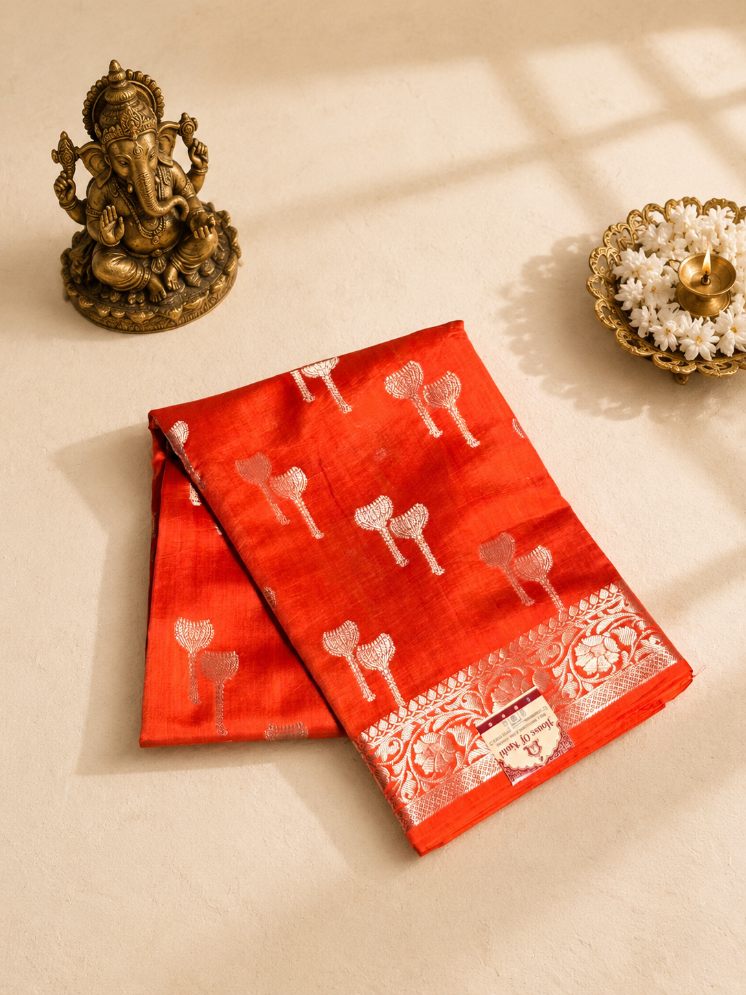 Rust Orange Pure Banarasi Silk Saree with Silver Zari Weaving