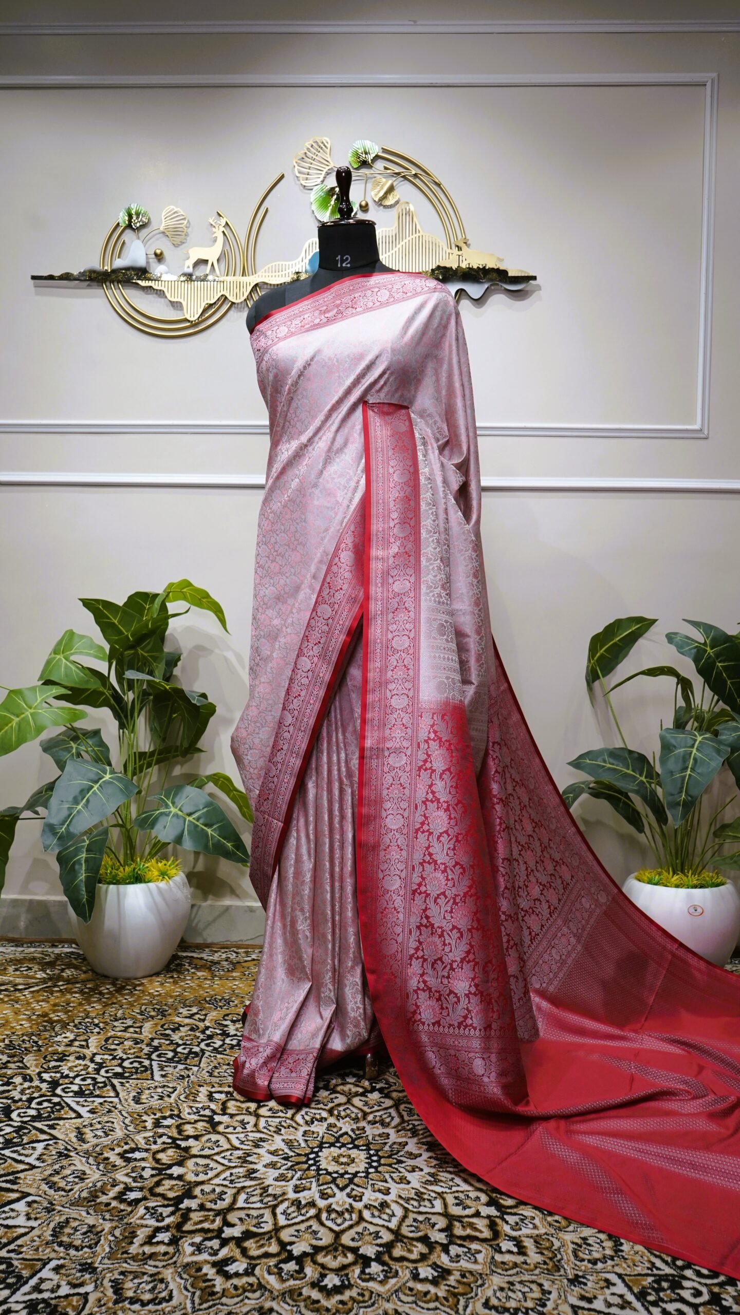 Silver Grey Banarasi Silk Saree with Ruby Red Zari Border - Image 5