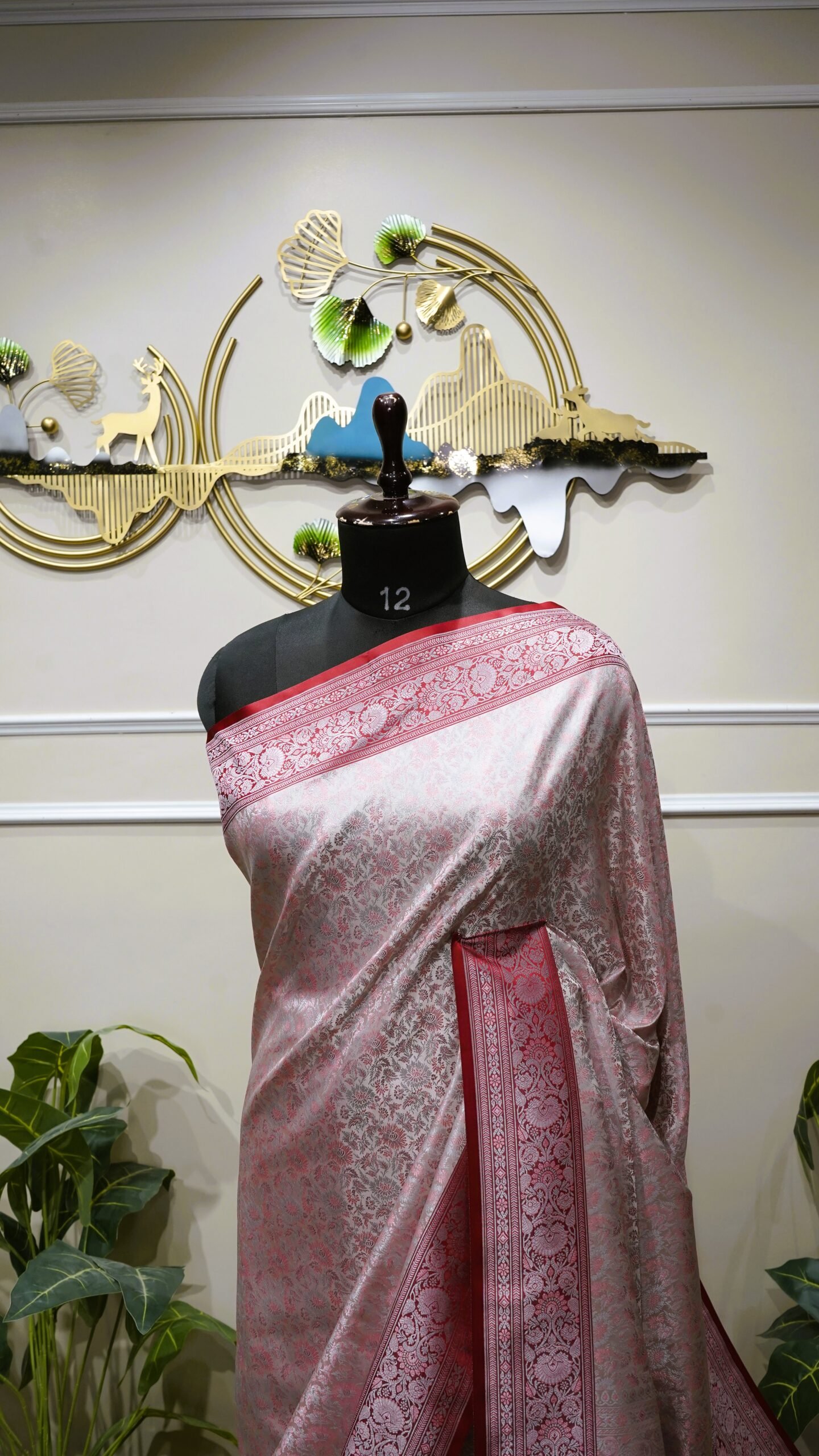 Silver Grey Banarasi Silk Saree with Ruby Red Zari Border - Image 6