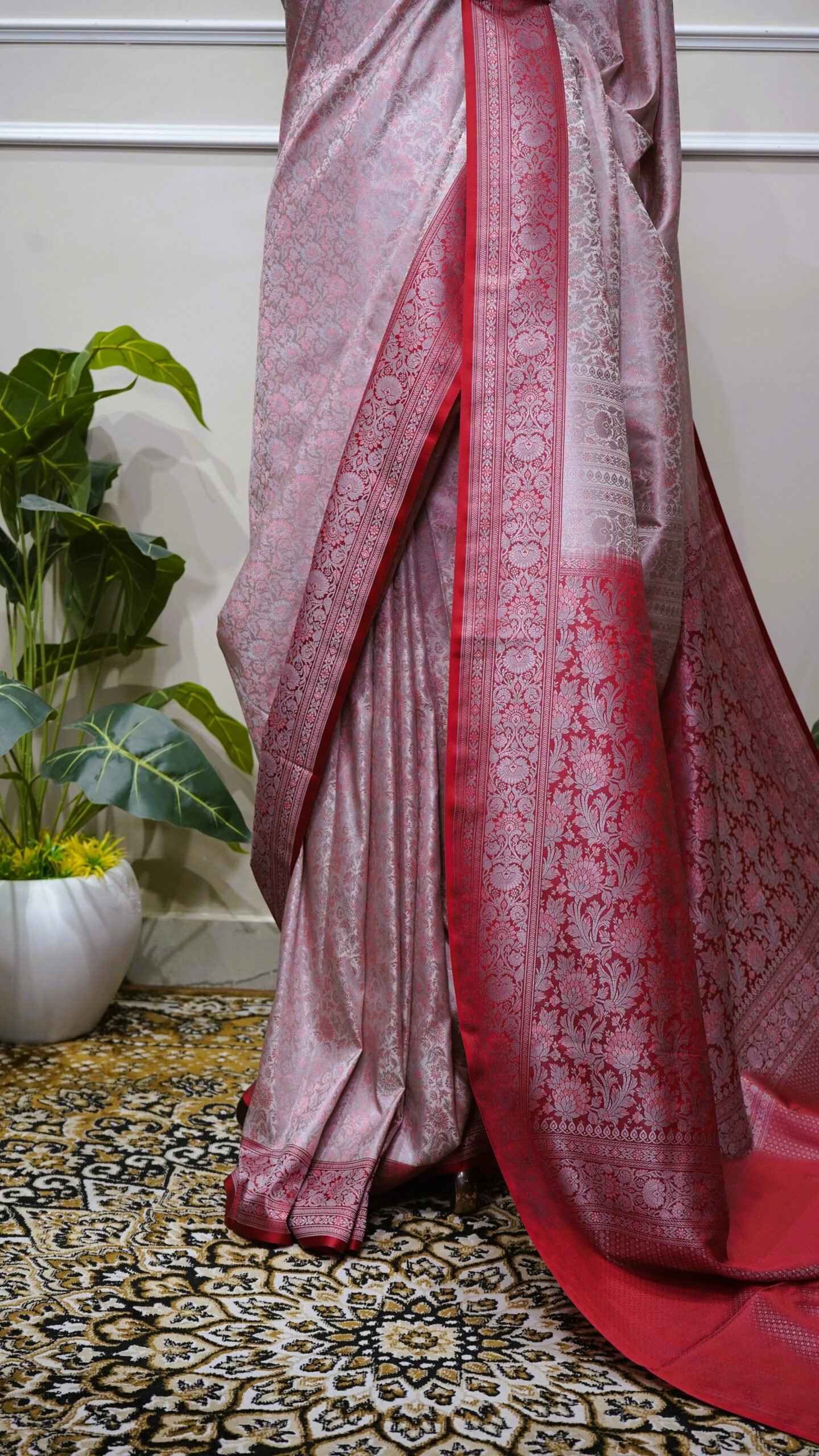Silver Grey Banarasi Silk Saree with Ruby Red Zari Border - Image 4