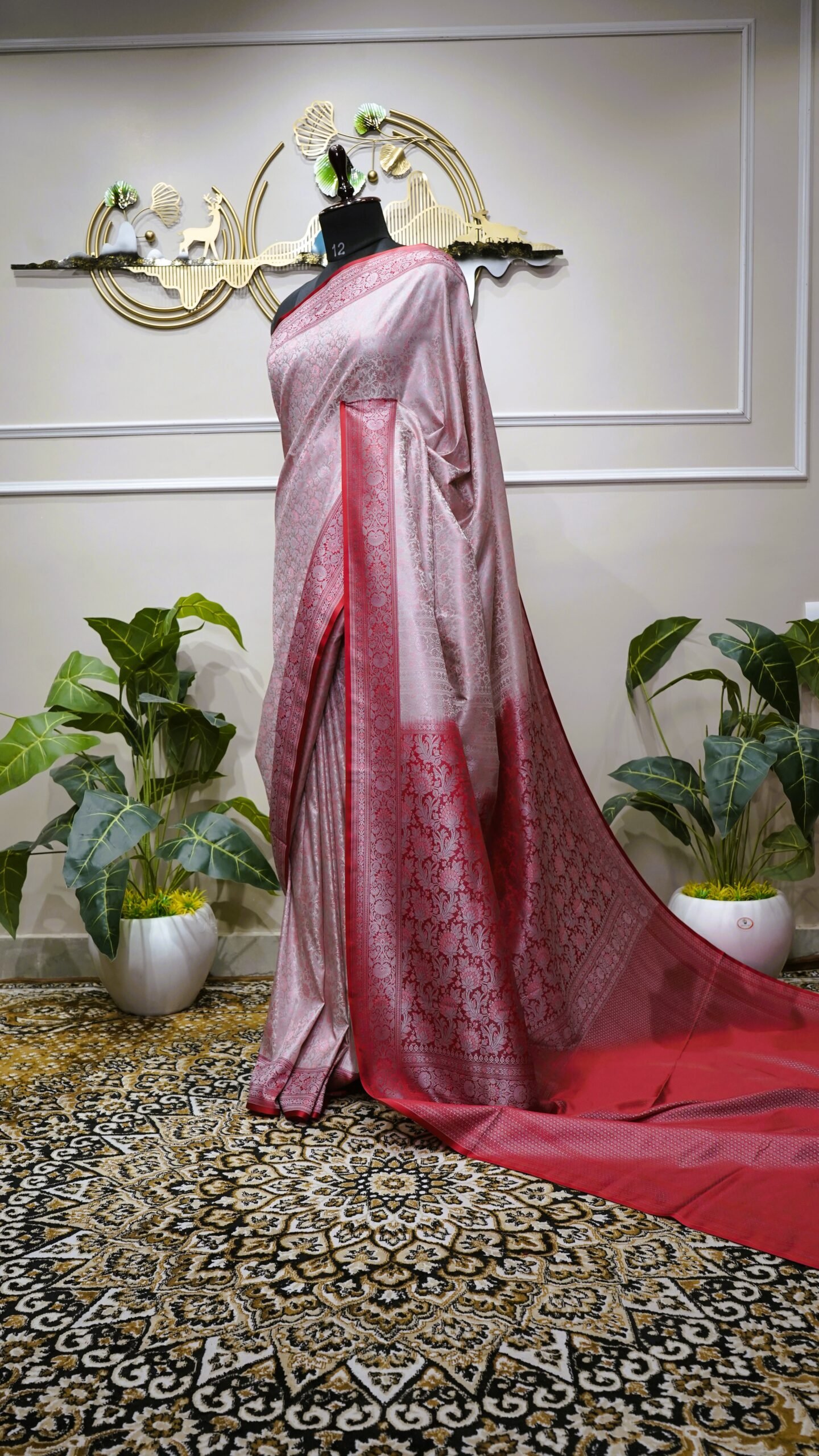Silver Grey Banarasi Silk Saree with Ruby Red Zari Border - Image 3